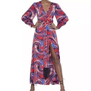 Gabrielle Union x New York & co. Womens M Red Blue Marble-Print Maxi Dress Long